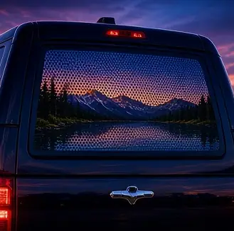 Example concept image: perforated mountain lake rear window, rendered in the site style