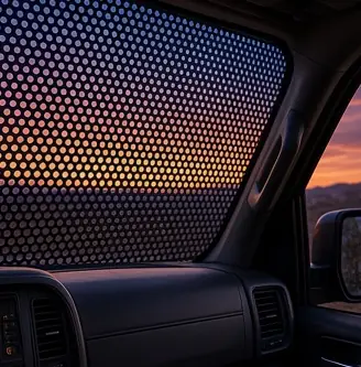 Example concept image: view out through perforated film, rendered in the site style