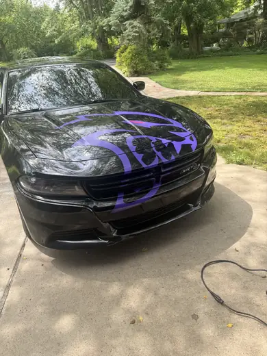 Black sedan with purple side graphics, front view