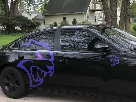 Black car with purple custom vehicle graphics