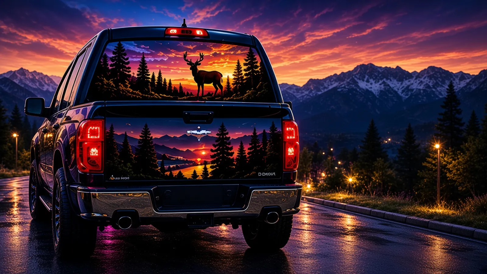 Black pickup at sunset with a perforated see-through deer scene graphic covering the rear window